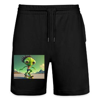 niedliches kleines grünes Retro Alien Skateboarden - Stanley/Stella Unisex Bio Joggingshorts Trainer  - Schwarz - Vorne - Nik (191cm) & Marisol (170cm)