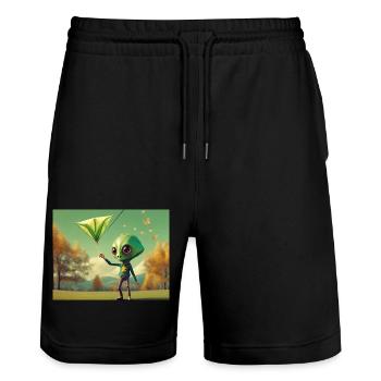 niedlich klein grün retro vintage alien fliegen einen drachen fliegen - Stanley/Stella Unisex Bio Joggingshorts Trainer  - Schwarz - Vorne - Nik (191cm) & Marisol (170cm)