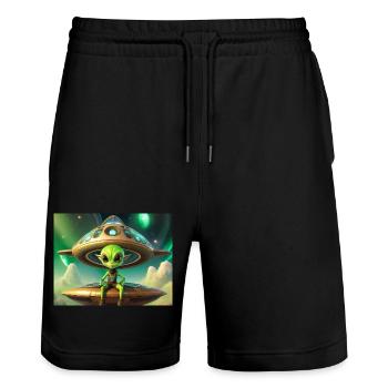 cute little green retro vintage alien flying a UFO - Stanley/Stella Trainer Unisex Organic Jogging Shorts - black - Front - Nik (191cm) & Marisol (170cm)