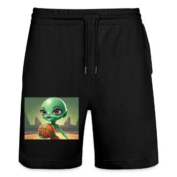 cute little green retro vintage alien basketball - Stanley/Stella Trainer Unisex Organic Jogging Shorts - black - Front - Nik (191cm) & Marisol (170cm)