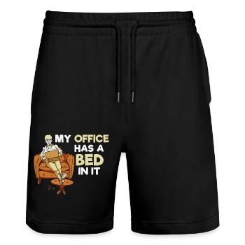 My office has a bed in it - Home Office Humor - Stanley/Stella Trainer Unisex Organic Jogging Shorts - black - Front - Nik (191cm) & Marisol (170cm)