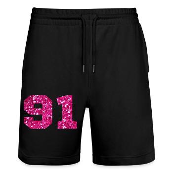 Nummer 91 Pink Glitter - 91. Geburtstag - Stanley/Stella Unisex Bio Joggingshorts Trainer  - Schwarz - Vorne - Nik (191cm) & Marisol (170cm)