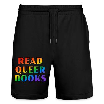 Read queer books - Stanley/Stella Trainer Unisex Organic Jogging Shorts - black - Front - Nik (191cm) & Marisol (170cm)