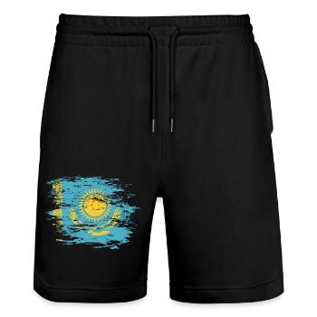 Kazakhstan flag used - Stanley/Stella Trainer Unisex Organic Jogging Shorts - black - Front - Nik (191cm) & Marisol (170cm)