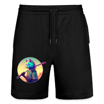 Cyberpunk Cat Samurai Anime - Stanley/Stella Trainer Unisex Organic Jogging Shorts - black - Front - Nik (191cm) & Marisol (170cm)