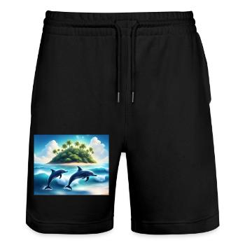 Tanz der Delfine – Tropische Inselträume - Stanley/Stella Unisex Bio Joggingshorts Trainer  - Schwarz - Vorne - Nik (191cm) & Marisol (170cm)