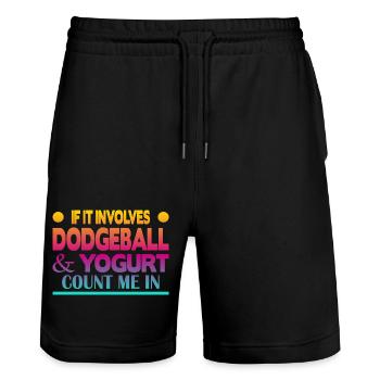 If it involves Dodgeball & Yogurt count me in - Stanley/Stella Trainer Unisex Organic Jogging Shorts - black - Front - Nik (191cm) & Marisol (170cm)