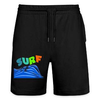 SURFEN. WELLENREITER. WELLENREITER. SPORT. FEIERTAG. REISE. - Stanley/Stella Unisex Bio Joggingshorts Trainer  - Schwarz - Vorne - Nik (191cm) & Marisol (170cm)