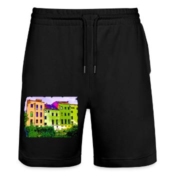 Bild nach Art von "Hundertwasser" Bild Häuser - Stanley/Stella Unisex Bio Joggingshorts Trainer  - Schwarz - Vorne - Nik (191cm) & Marisol (170cm)