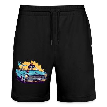 Emma in a convertible - Stanley/Stella Trainer Unisex Organic Jogging Shorts - black - Front - Nik (191cm) & Marisol (170cm)