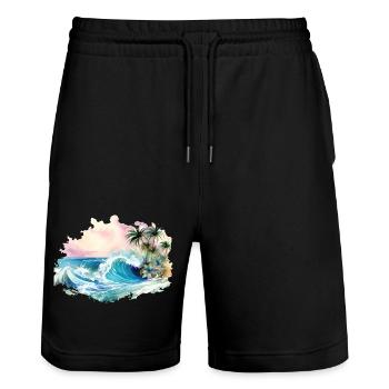Wave, Île tropicale, Sea Beach Palm Trees Vacances - Short de jogging bio TRAINER Stanley/Stella unisexe - noir - Devant - Nik (191cm) & Marisol (170cm)
