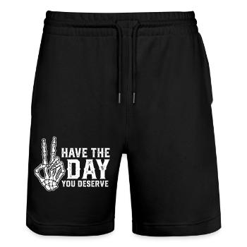 Have The Day You Deserve Peace Sign Skeleton - Stanley/Stella Unisex Bio Joggingshorts Trainer  - Schwarz - Vorne - Nik (191cm) & Marisol (170cm)