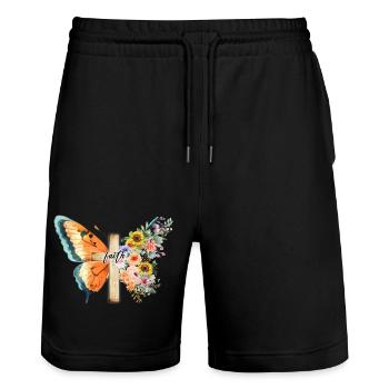Faith Butterfly Cross Jesus Christ God - Stanley/Stella Trainer Unisex Organic Jogging Shorts - black - Front - Nik (191cm) & Marisol (170cm)