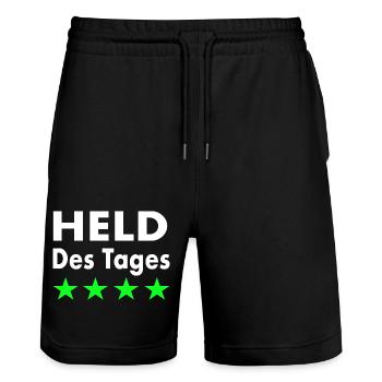 Arbeit Azubi Spruch Held des Tages - Stanley/Stella Unisex Bio Joggingshorts Trainer  - Schwarz - Vorne - Nik (191cm) & Marisol (170cm)