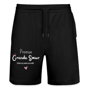 Promue grande soeur en août - annonce grossesse - Short de jogging bio TRAINER Stanley/Stella unisexe - noir - Devant - Nik (191cm) & Marisol (170cm)