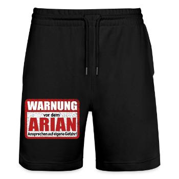 Arian Name Lustiges Warnschild - Stanley/Stella Unisex Bio Joggingshorts Trainer  - Schwarz - Vorne - Nik (191cm) & Marisol (170cm)