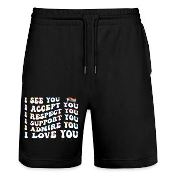 Stolzer Verbündeter: Ich akzeptiere, respektiere, unterstütze, bewundere, - Stanley/Stella Unisex Bio Joggingshorts Trainer  - Schwarz - Vorne - Nik (191cm) & Marisol (170cm)