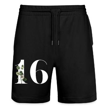 Numéro 16 floral vert -16e anniversaire floral - Short de jogging bio TRAINER Stanley/Stella unisexe - noir - Devant - Nik (191cm) & Marisol (170cm)
