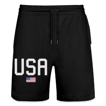 ÉQUIPE Bannière du drapeau américain des États-Unis en cours d’écriture - Short de jogging bio TRAINER Stanley/Stella unisexe - noir - Devant - Nik (191cm) & Marisol (170cm)