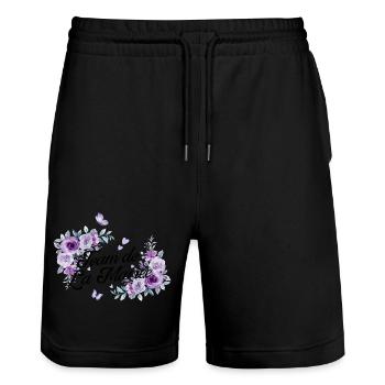 Lila Blumen Braut Team - Stanley/Stella Unisex Bio Joggingshorts Trainer  - Schwarz - Vorne - Nik (191cm) & Marisol (170cm)