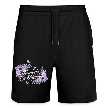 Lila Blumen Braut Team - Stanley/Stella Unisex Bio Joggingshorts Trainer  - Schwarz - Vorne - Nik (191cm) & Marisol (170cm)