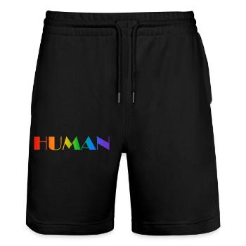 Menschlicher Regenbogentext LGBTQ-Stolz - Stanley/Stella Unisex Bio Joggingshorts Trainer  - Schwarz - Vorne - Nik (191cm) & Marisol (170cm)