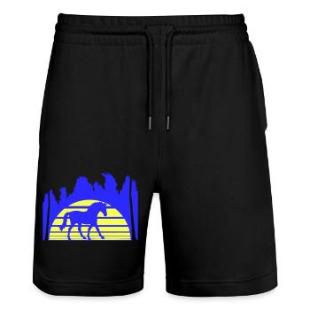 Pferd Reiten Linien Reiter Sonne Palmen Silhouette - Stanley/Stella Unisex Bio Joggingshorts Trainer  - Schwarz - Vorne - Nik (191cm) & Marisol (170cm)