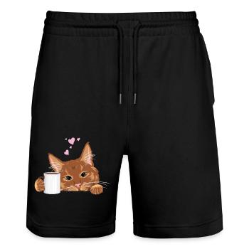 Peeking cute ginger cat with coffee mug - Stanley/Stella Trainer Unisex Organic Jogging Shorts - black - Front - Nik (191cm) & Marisol (170cm)