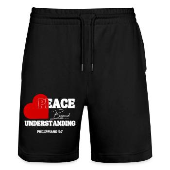 Peace Beyond Understanding – Philippians 4:7 - Stanley/Stella Trainer Unisex Organic Jogging Shorts - black - Front - Nik (191cm) & Marisol (170cm)
