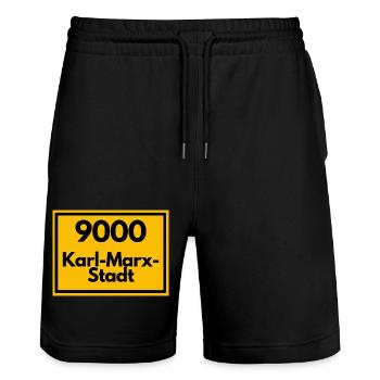 Place sign - then old postcode 9000 Karl Marx Stadt - Stanley/Stella Trainer Unisex Organic Jogging Shorts - black - Front - Nik (191cm) & Marisol (170cm)