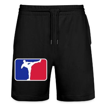 logo bouclier cadre rouge bleu kickboxeur kickboxing ka - Short de jogging bio TRAINER Stanley/Stella unisexe - noir - Devant - Nik (191cm) & Marisol (170cm)