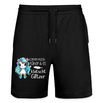 Einhorn & Es Klatscht Glitzer - Stanley/Stella Unisex Bio Joggingshorts Trainer  - Schwarz - Vorne - Nik (191cm) & Marisol (170cm)