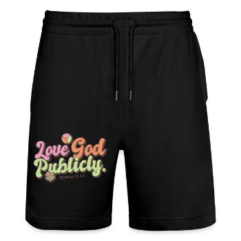 Bible Verse Love God Publicly Faith In Jesus - Stanley/Stella Unisex Bio Joggingshorts Trainer  - Schwarz - Vorne - Nik (191cm) & Marisol (170cm)