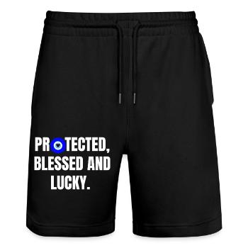 Protected and lucky - Short de jogging bio TRAINER Stanley/Stella unisexe - noir - Devant - Nik (191cm) & Marisol (170cm)