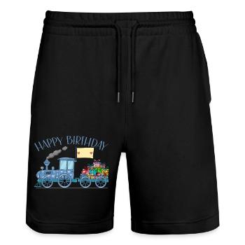 Children's Train Railway Happy Birthday - Stanley/Stella Trainer Unisex Organic Jogging Shorts - black - Front - Nik (191cm) & Marisol (170cm)
