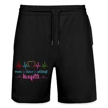 Fasching Herzschlag EKG Mein Herz schlägt Konfetti - Stanley/Stella Unisex Bio Joggingshorts Trainer  - Schwarz - Vorne - Nik (191cm) & Marisol (170cm)