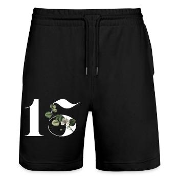 Numéro 15 floral vert -15e anniversaire floral - Short de jogging bio TRAINER Stanley/Stella unisexe - noir - Devant - Nik (191cm) & Marisol (170cm)
