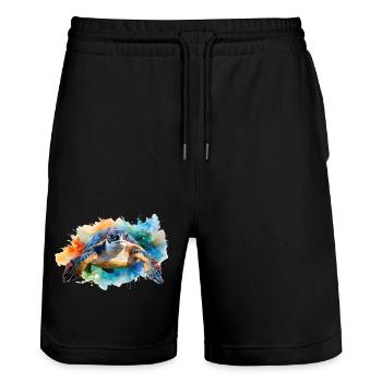 Une tortue d’eau dans un style aquarelle coloré - Short de jogging bio TRAINER Stanley/Stella unisexe - noir - Devant - Nik (191cm) & Marisol (170cm)