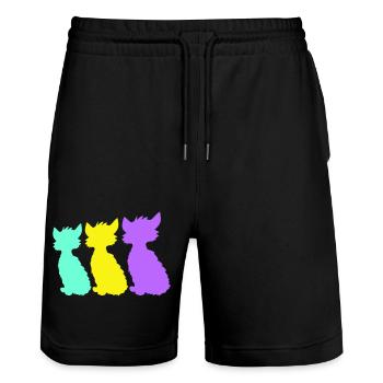 3 chats assis trois silhouettes d’amis colorés - Short de jogging bio TRAINER Stanley/Stella unisexe - noir - Devant - Nik (191cm) & Marisol (170cm)
