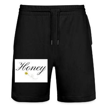 Honey Bee in Elegant Typography and flying Bee - Stanley/Stella Trainer Unisex Organic Jogging Shorts - black - Front - Nik (191cm) & Marisol (170cm)