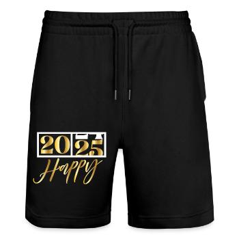 2025 Happy – Funny Silvester Design - Stanley/Stella Unisex Bio Joggingshorts Trainer  - Schwarz - Vorne - Nik (191cm) & Marisol (170cm)
