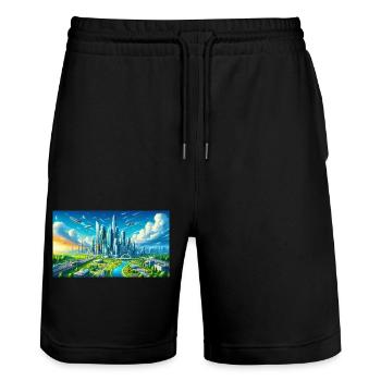 Futuristische Stadt - Stanley/Stella Unisex Bio Joggingshorts Trainer  - Schwarz - Vorne - Nik (191cm) & Marisol (170cm)