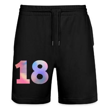 Bunte Zahl 18 - Stanley/Stella Unisex Bio Joggingshorts Trainer  - Schwarz - Vorne - Nik (191cm) & Marisol (170cm)