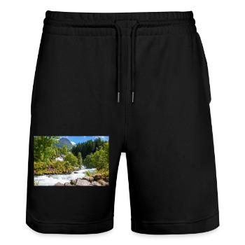 Geiranger panorama Storseterfossen Norwegen - Stanley/Stella Unisex Bio Joggingshorts Trainer  - Schwarz - Vorne - Nik (191cm) & Marisol (170cm)