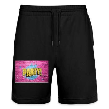 Party Disco Comic Style Bubble Graffiti Lettering - Stanley/Stella Trainer Unisex Organic Jogging Shorts - black - Front - Nik (191cm) & Marisol (170cm)
