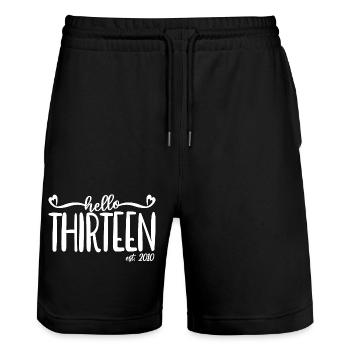 Hello Thirteen Est. 2010 Cute 13th Birthday Gift - Stanley/Stella Trainer Unisex Organic Jogging Shorts - black - Front - Nik (191cm) & Marisol (170cm)