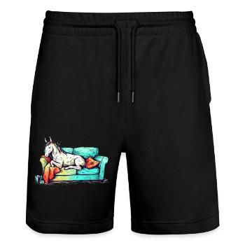 Lazy unicorn chilling on the sofa - Stanley/Stella Trainer Unisex Organic Jogging Shorts - black - Front - Nik (191cm) & Marisol (170cm)