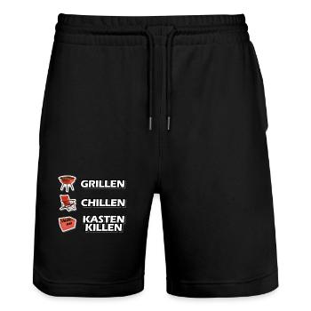 grillen, chillen Kasten killen Männerabend - Stanley/Stella Unisex Bio Joggingshorts Trainer  - Schwarz - Vorne - Nik (191cm) & Marisol (170cm)