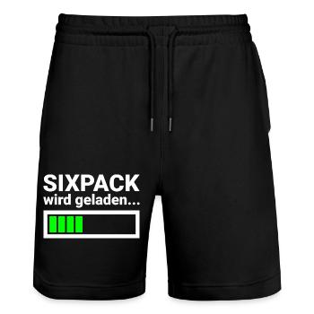 Sixpack wird geladen Lustiges Fitness Shirt - Stanley/Stella Unisex Bio Joggingshorts Trainer  - Schwarz - Vorne - Nik (191cm) & Marisol (170cm)