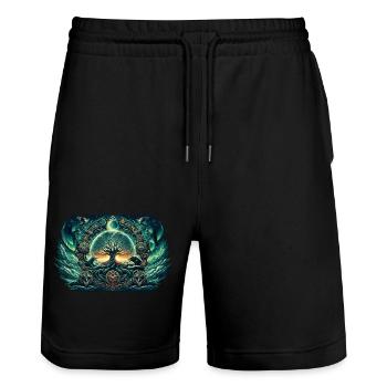 Mystischer Lebensbaum mit Wölfen und Nordlichtern - Stanley/Stella Unisex Bio Joggingshorts Trainer  - Schwarz - Vorne - Nik (191cm) & Marisol (170cm)
